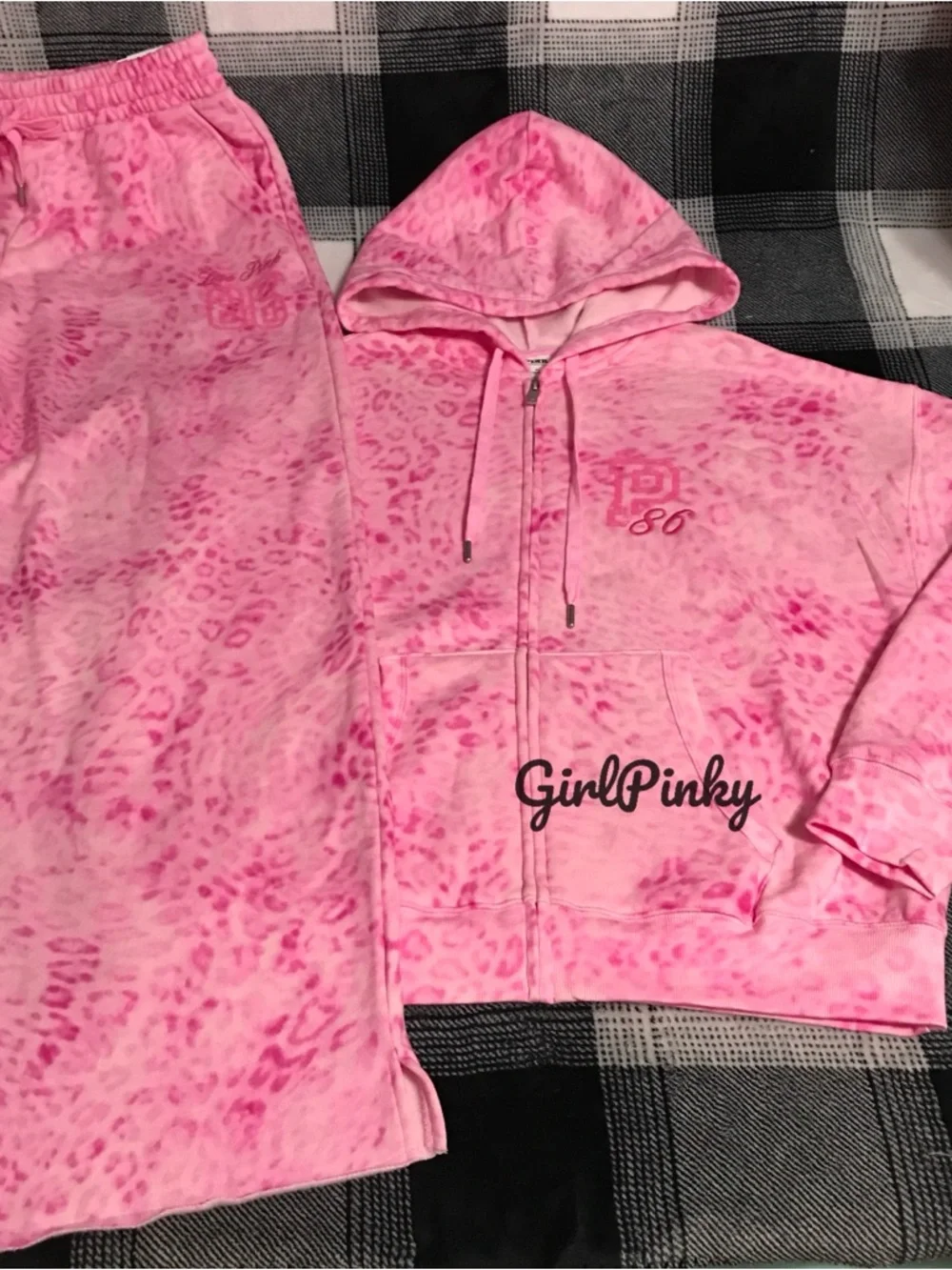 VS PINK IVY FLEECE CAMPUS FULL ZIP & SWEATPANTS PINK LEOPARD PRINT LOGO XS